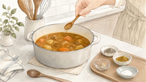 薄いカレーに調味料を少しずつ足して調整するイラスト
