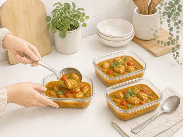 残ったカレーを浅い保存容器に小分けして冷ます様子