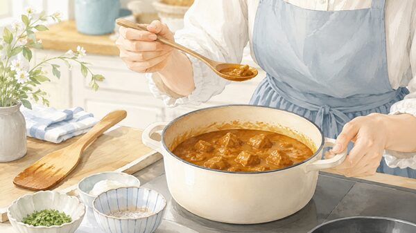 薄いカレーを味見しながら調整している手元のイラスト