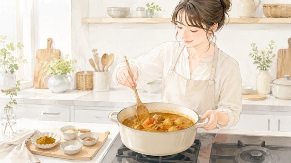カレーが薄いときに鍋を混ぜながら味を調整しているイラスト