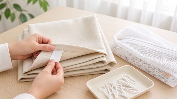 カーテンを洗濯する前にフックや洗濯ネット、洗濯表示を確認している手元のイラスト