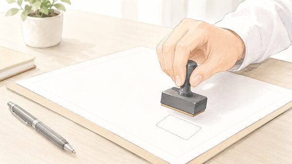 書類に印鑑を押す場面のイラスト