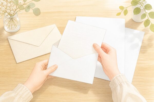 封筒と手紙、書類をテーブルの上で確認しているやさしいイラスト