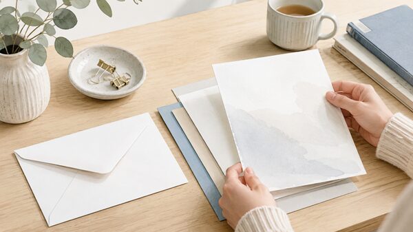 封筒に入れる前の書類と便せんを確認しているイラスト