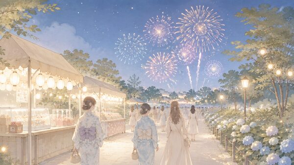 東海まつり花火大会2026の雰囲気をイメージした夏の夜の花火と屋台のイラスト