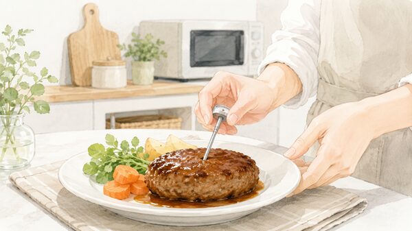 ハンバーグの火の通りを手元で確認しているイメージ