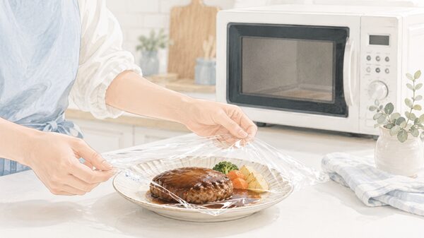 ハンバーグをレンジで追加加熱するためにラップをかけているイメージ