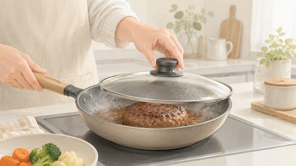 ハンバーグをフライパンで蒸し焼きにして中まで火を通すイメージ