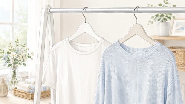 ハンガーにきれいに掛けたTシャツと薄手のニットのイラスト