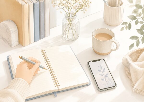 「以外」と「意外」の違いを確認するためにノートとスマホを置いたやさしい雰囲気の机まわり