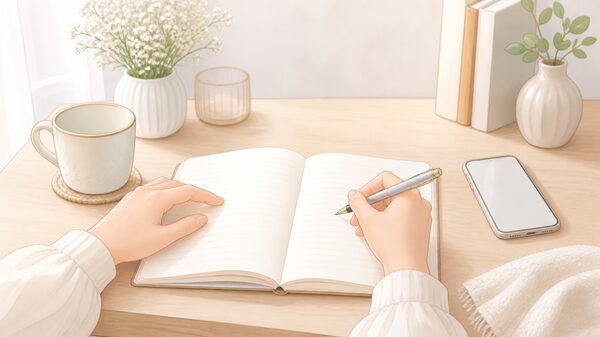 言葉の使い分けで迷ったときにノートを見ながら確認しているイメージ