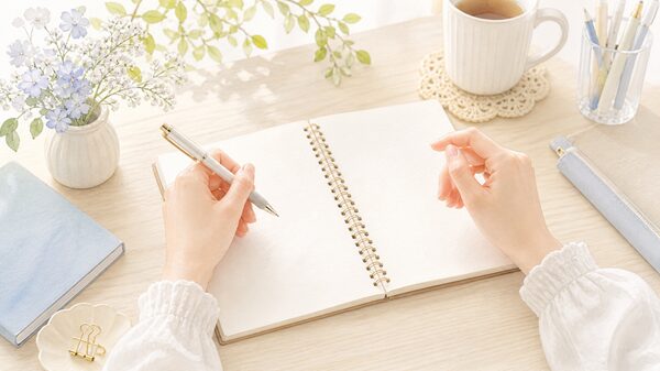 十分と充分の使い分けを考えながらノートに向かう手元のイラスト