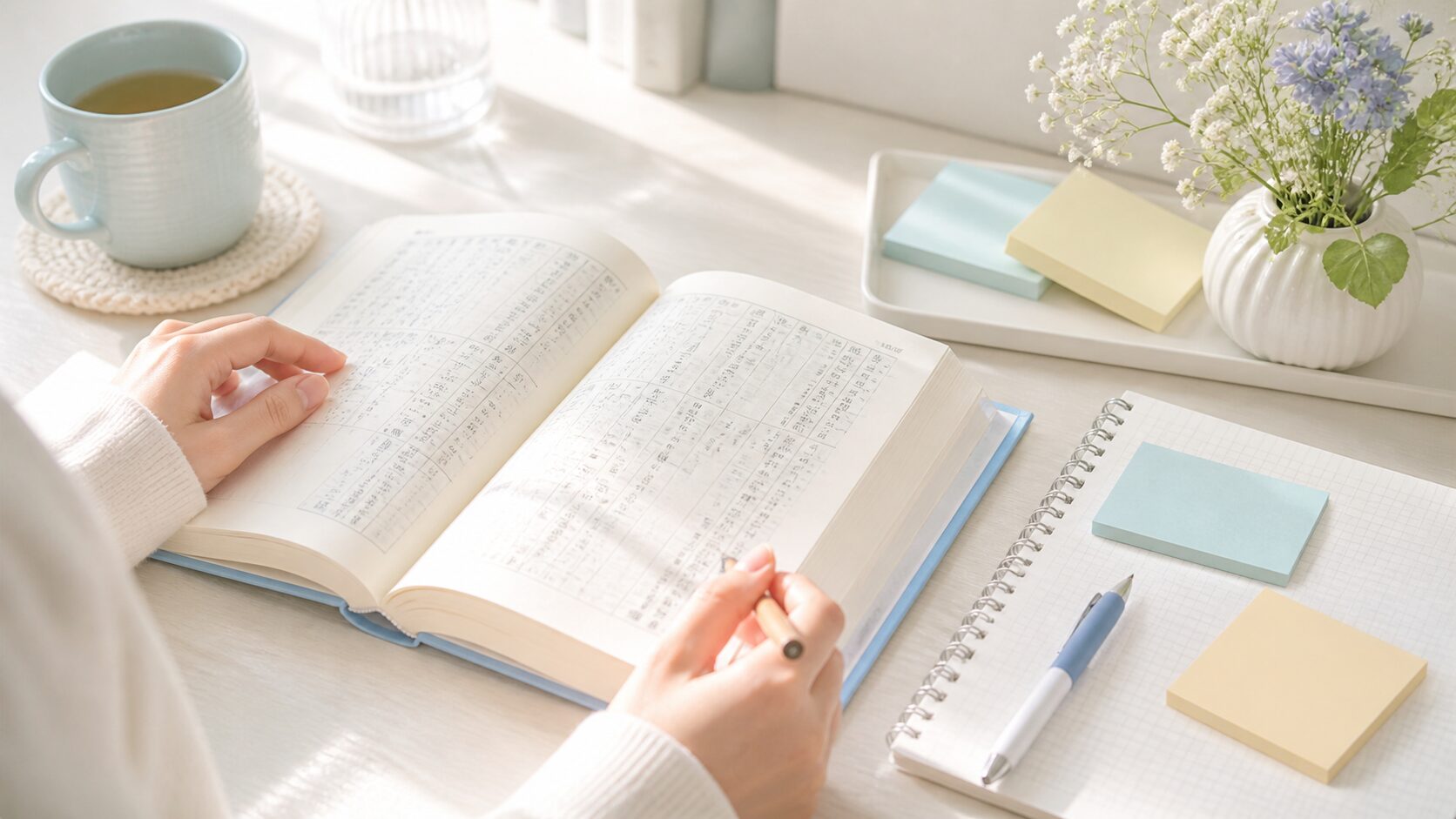 漢字の読み方をノートや辞書でやさしく確認しているイメージ