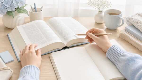 重複の読み方を辞書やノートで確認している手元のイラスト