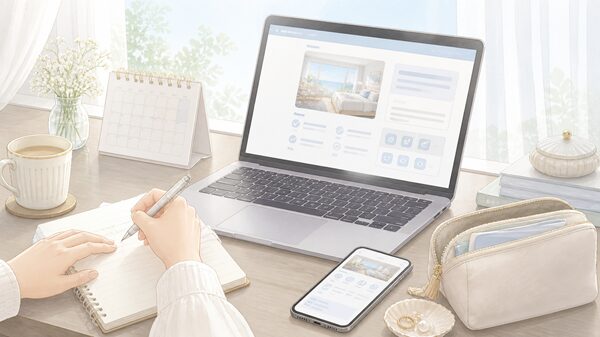 関門海峡花火大会に向けてホテル予約前の確認をしている手元のイラスト
