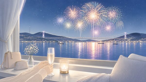 ホテルの窓辺から関門海峡花火大会を眺めるイメージイラスト