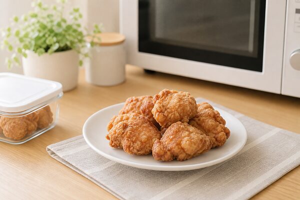 冷蔵庫から出した唐揚げを電子レンジで温め直す前のキッチン風景