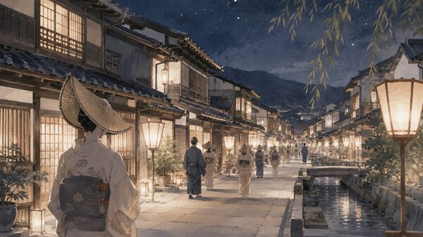 おわら風の盆2026の雰囲気をイメージした富山市八尾町の夜祭りイラスト