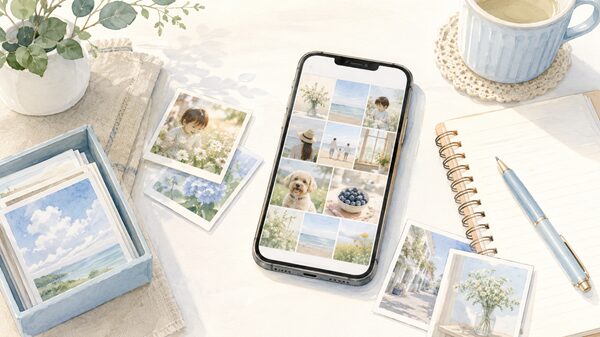 スマホにたまった写真を整理するイメージ