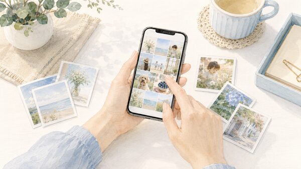 スマホの写真を見直して整理している手元