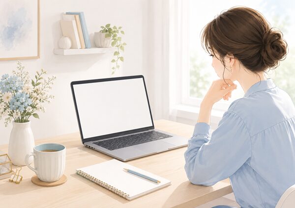 了解と承知の違いをビジネスメールで考えるデスクのイラスト