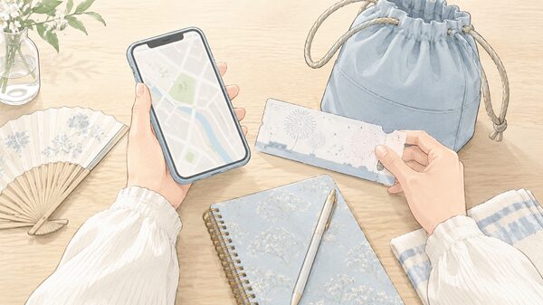 酒田の花火2026へ行く前に日程や会場を確認する手元のイラスト