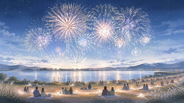 酒田の花火2026をイメージした川沿いの花火大会のイラスト
