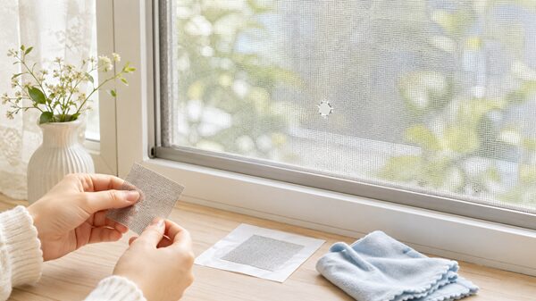 網戸の小さな穴を補修する前の窓辺のイラスト