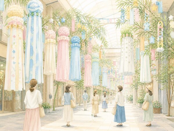 仙台七夕祭りの見どころである大きな七夕飾りと吹き流しを見上げる人のイラスト