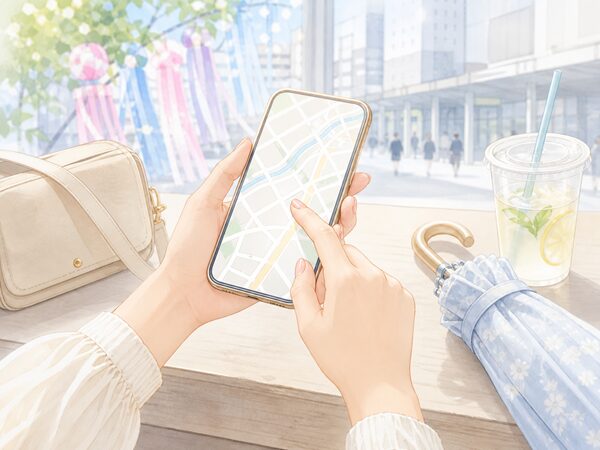 仙台七夕祭りに行く前に交通情報や持ち物を確認する手元のやさしいイラスト