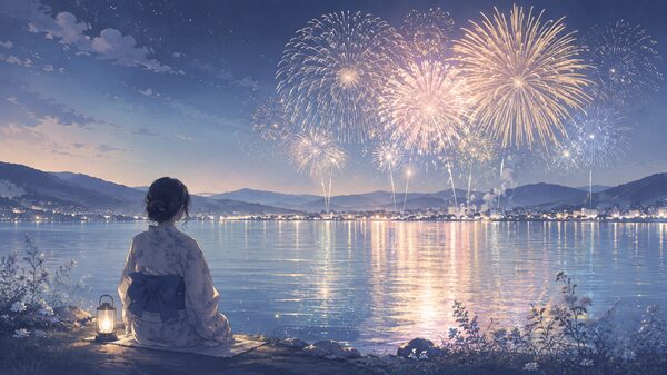 諏訪湖祭湖上花火大会2026をイメージした湖畔の花火イラスト