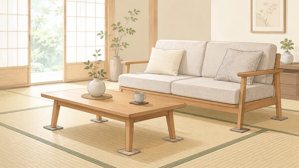 畳の上に家具を置く前に脚の下へ保護マットを敷いて凹みを防ぐイメージ
