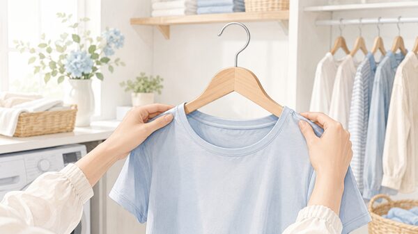 Tシャツを肩の縫い目に合わせてハンガーに掛ける手元のイラスト