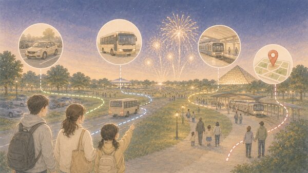 北海道芸術花火2026の駐車場・シャトルバス・公共交通でのアクセスをイメージしたイラスト