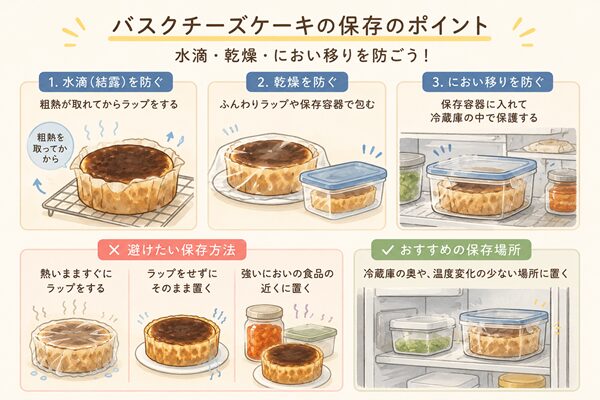 バスクチーズケーキを冷蔵庫で保存するときの水滴や乾燥やにおい移りを防ぐポイントを説明したイラスト