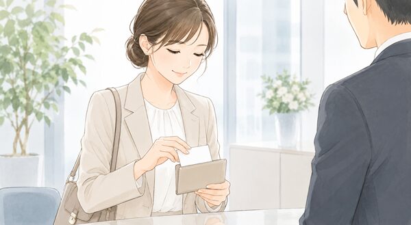 名刺交換前にカードケースからきれいな名刺を丁寧に取り出している女性のイラスト