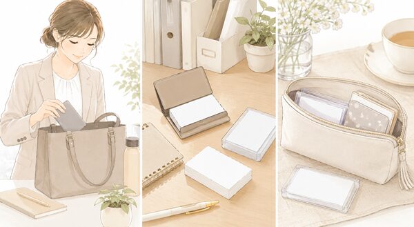 通勤バッグや会社のデスク、ポーチに予備の名刺や名刺ケースを準備しているイラスト
