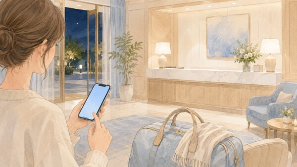 ホテルのチェックインに遅れそうなときにスマホで連絡を確認するイラスト