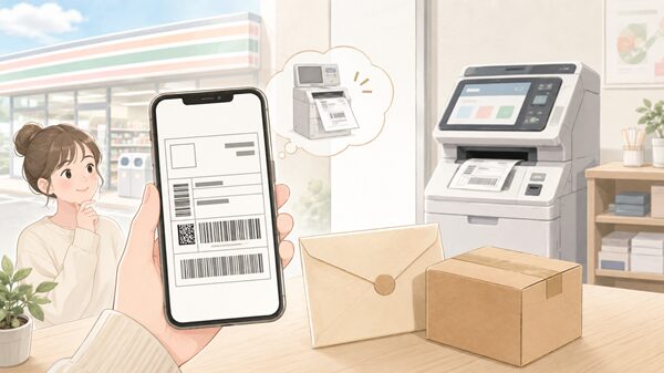 スマホに表示したクリックポスト風PDFラベルをコンビニのマルチコピー機で印刷しようとしているイラスト