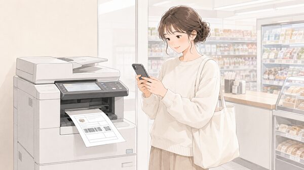 コンビニのマルチコピー機でスマホを見ながらクリックポストの宛名ラベルを印刷している女性のイラスト