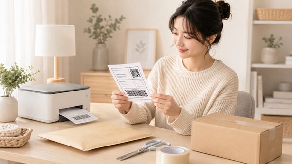 自宅の机で、プリンターから出てきたクリックポスト風ラベルを確認しながら発送準備をしている女性のイラスト