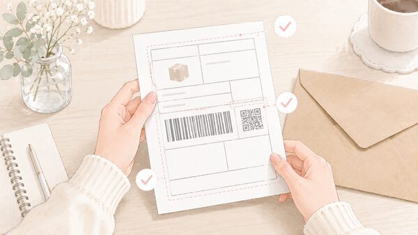 印刷されたクリックポスト風の宛名ラベルを手元で確認し、バーコードやサイズずれをチェックしているイラスト