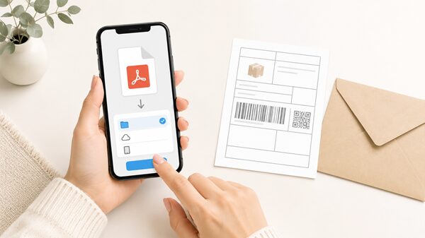 スマホでクリックポストのラベルPDFをファイルに保存している女性の手元と、宛名ラベル用紙と封筒のイラスト