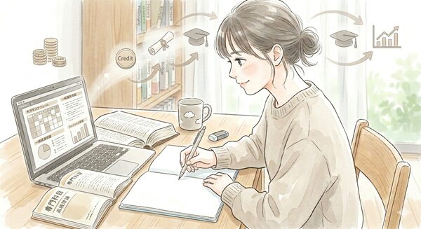 大学の単位や専門科目を学び、ノートを整理している学生風の女性のイラスト