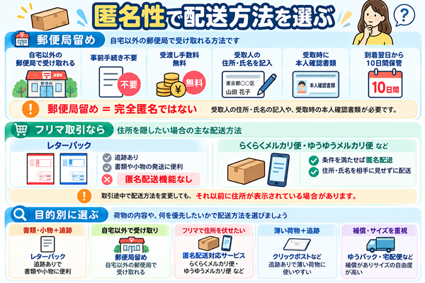 郵便局留めと匿名配送サービスの違いを目的別に比較