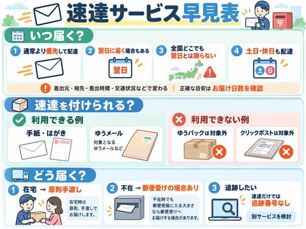速達の日数・対象郵便物・受け取り方法をまとめた早見表