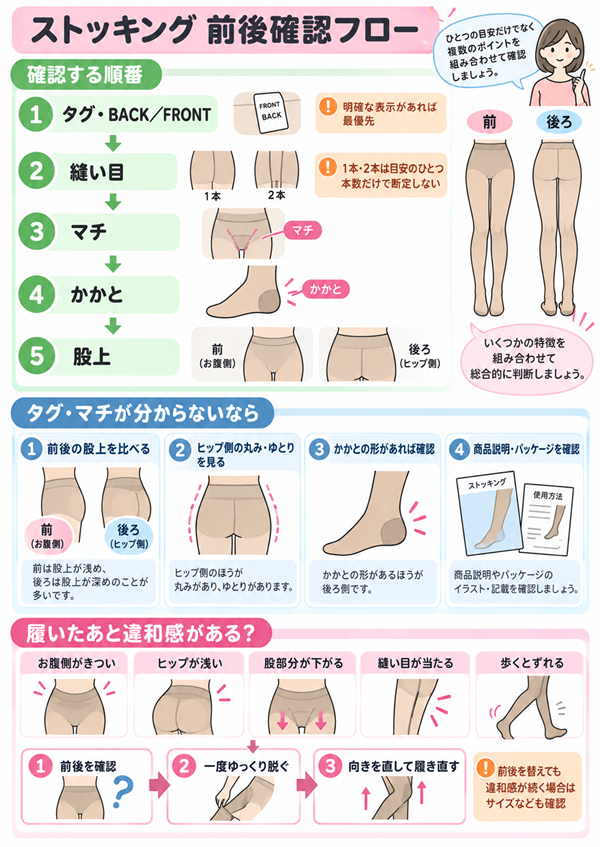 ストッキングの前後を順番に確認し違和感を見分ける流れ