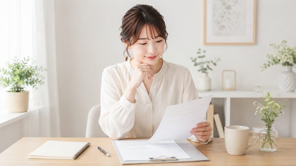 申請書やメモ帳を見ながら書類の内容を確認している女性のイラスト