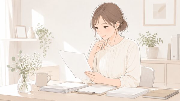 申請書や退職に関する書類を落ち着いて確認している女性のイラスト