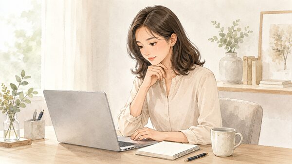 ノートパソコンでビジネスメールやお礼文の言葉づかいを確認している女性のイラスト